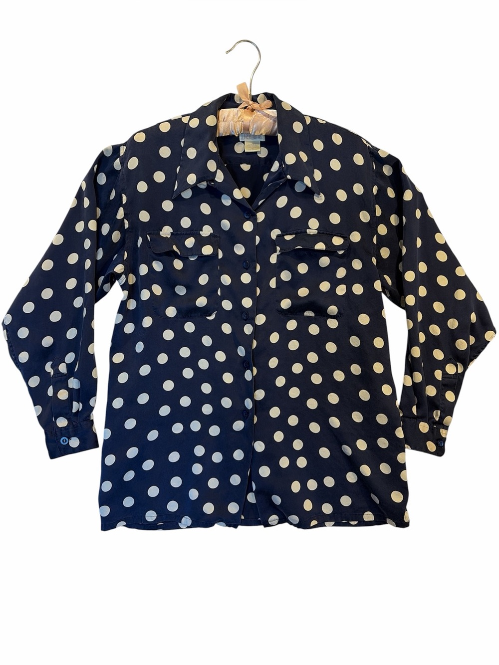 Vintage Moda Int’l Polka Dot Long-Sleeve Button-Up Shirt - Navy & Cream. Sz Med